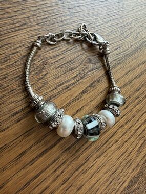 Bella Perlina Silver-Tone Beaded Charm Bracelet with Glass and Pearl Accents